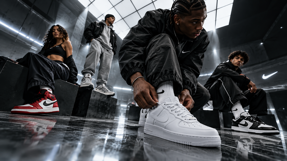 Sneaker campaign featuring four people in streetwear with white Air Force 1, Jordan and Dunk styles.