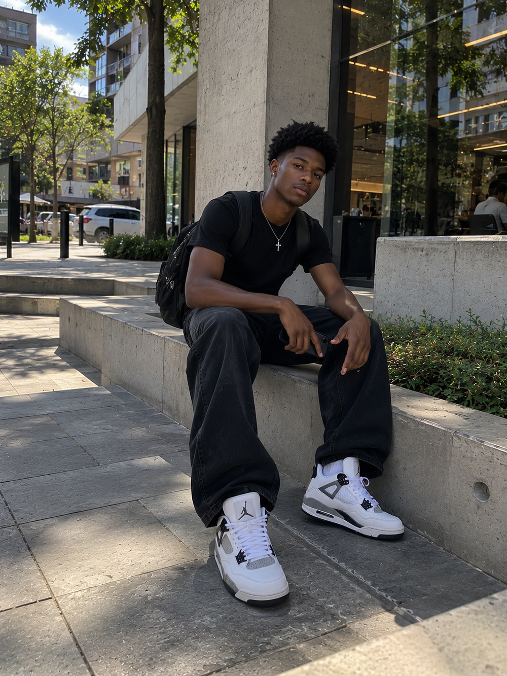 Black streetwear styled with white Air Jordan 4 sneakers
