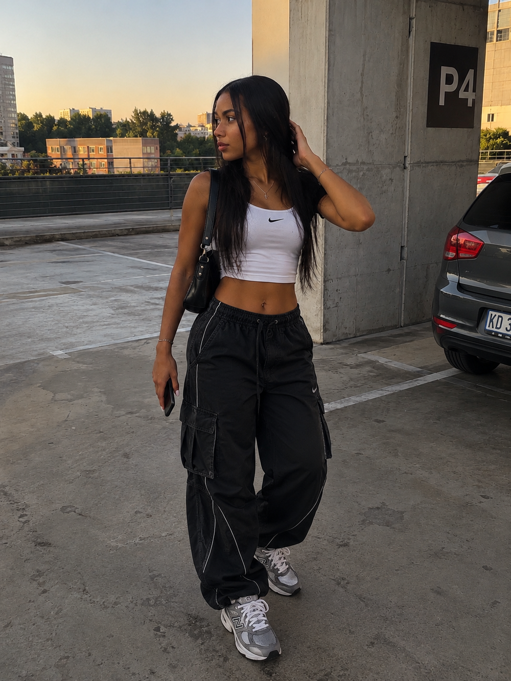 White crop top and black cargos styled with grey New Balance sneakers