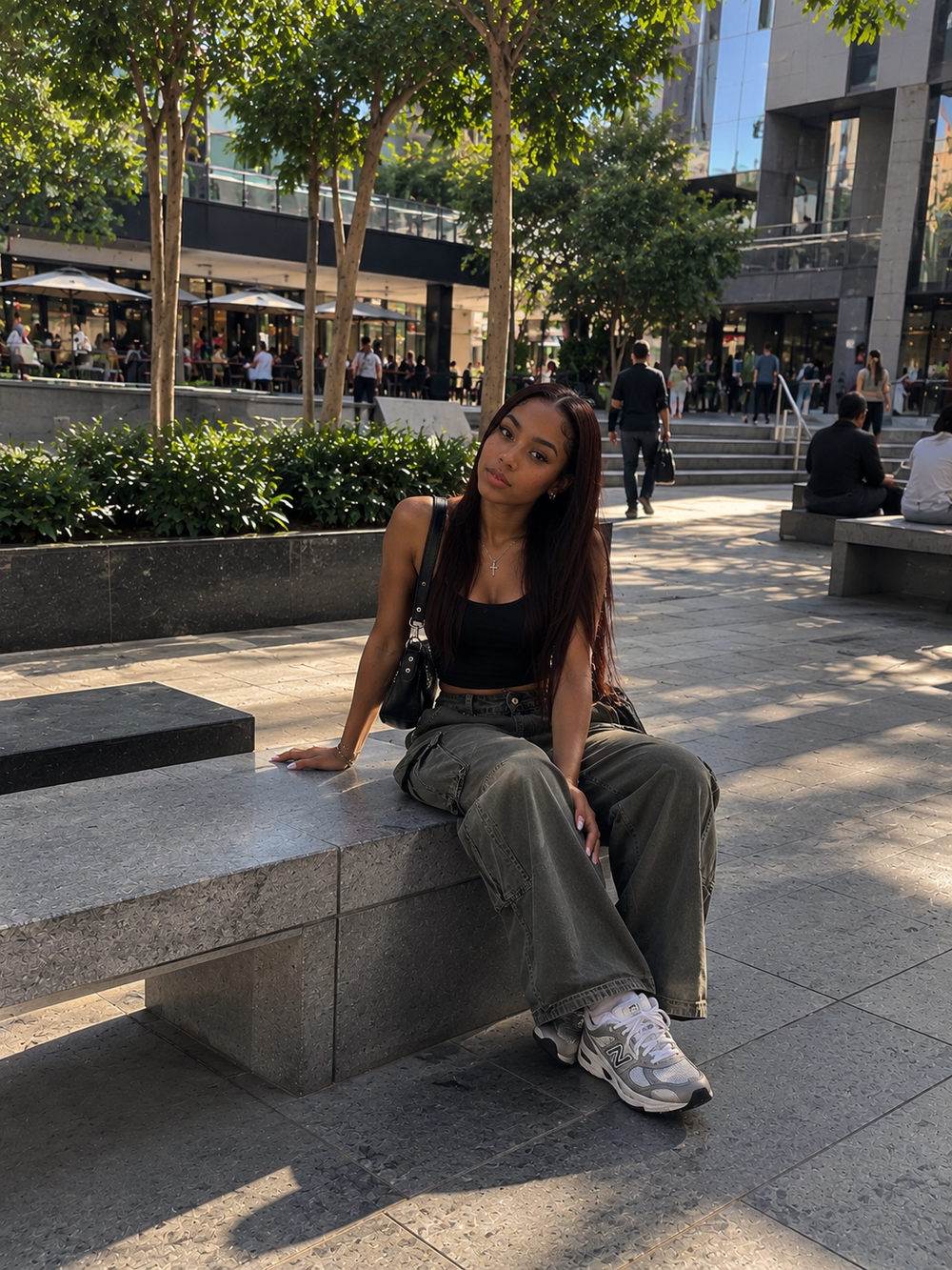 Relaxed cargos styled with grey New Balance sneakers